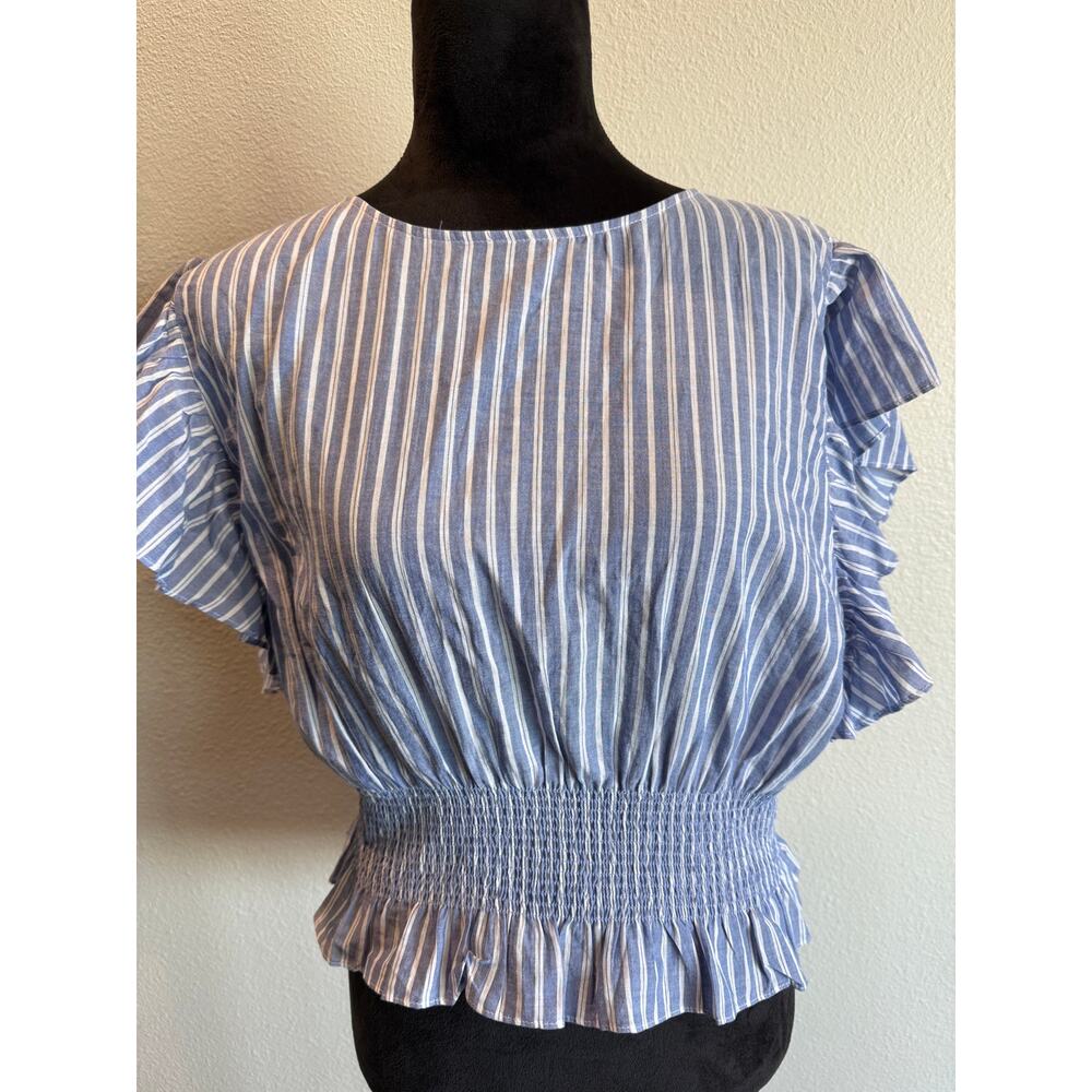 NWT Madewell Med Flutter Sleeve Smocked Top Blue Stripe Peplum Blouse MC797